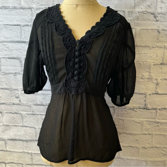 Apt 9 Bohemian Sheer Black Empire Tie Waist Blouse/Top with Crochet Detail Small - Picture 2 of 13